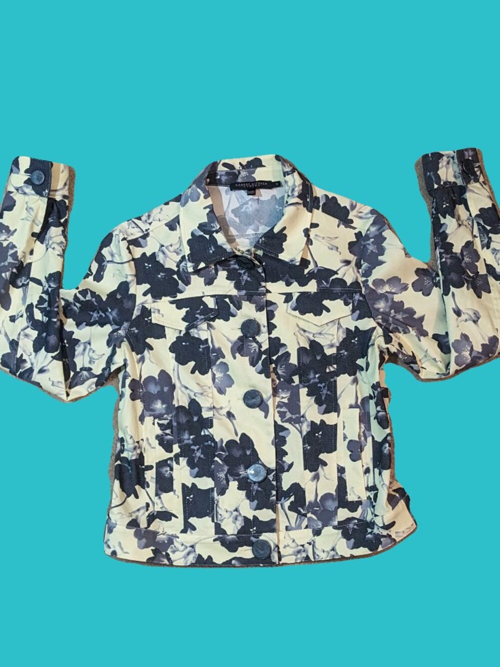 Robert Kitchen Light Yellow Gray Floral Jacket Size Small Preowned